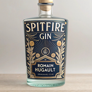 Vintage Spitfire Gin bottle design, inspired by 1930s aesthetics. Featuring cautionary drinking messages. Created by Romain Hugault. For more information, visit drinkaware.co.uk