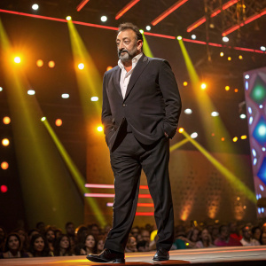 Sanjay Dutt, in a formal suit, at the Bollywood Filmfare Awards. Background has vibrant stage lighting and audience
