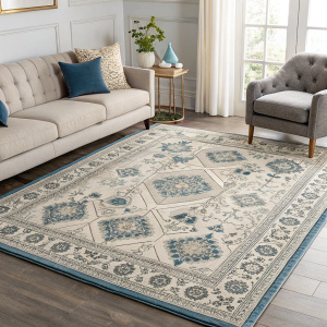 Safavieh Evoke Vintage rug, featuring complex designs in blue, ivory, and grey tones. Perfectly complementing a modern living room.