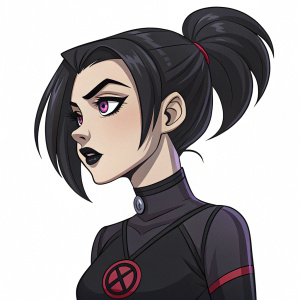 Digital illustration of Sam Manson from Danny Phantom. She has dark, striking features. Her black hair is in a high ponytail, with intricate shading around her face and hair. She wears black lipstick and a red symbol on her chest. White background, highlighting her detailed appearance.