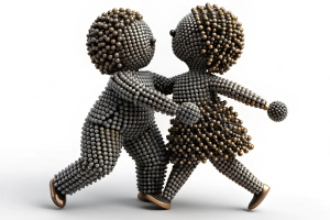 two dancing children embaracing - built with different sizes of black and white pinboard pins -  white background
