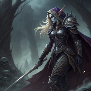Digital illustration of Sylvanas, leader of the Forsaken. Wearing dark armor with intricate skull designs. Dark, shadowy background with swirling mist. Sylvanas stands confidently with a sword in hand, dynamic pose with flowing blonde hair.