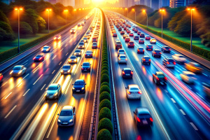 High speed urban traffic on a city highway during evening rush hour, car headlights and busy night transport captured by motion blur lighting effect and abstract long exposure photography