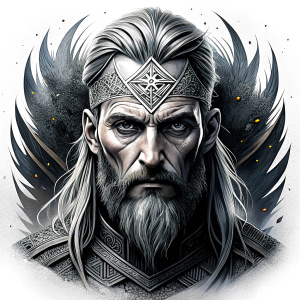 walhalla, viking warrior,  runics face, black work, white backrounds