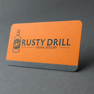 Rusty Drill Vodka Distillery business card. Vibrant orange and sleek grey design.