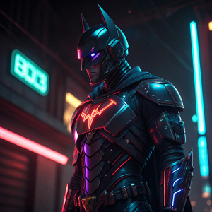 A sleek and advanced suit of armor from Batman Beyond, bathed in neon lights. Detailed design and cutting-edge technology clearly visible
