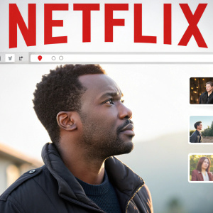 Digital screenshot of Netflix homepage. Bright background with main title and profile picture of a featured actor.