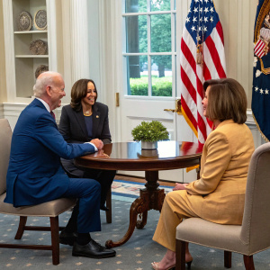 Joe Biden, Kamala Harris, and Nancy Pelosi in the Oval Office. Informal meeting with no podiums. Sole American flag in the background.