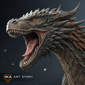A detailed CGI render of a dragon's head from Game of Thrones. The dragon's head is fierce, with jagged teeth and scaly skin. The background is a digital void. The dragon's head is positioned mid-roar, creating a lifelike movement. IKA ART STORY logo visible.