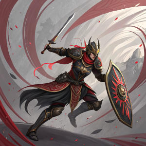 A fierce warrior from Lost Ark in mid-action pose. Dark armor with red and gold trim. Wields a sword and shield. Abstract background with swirling red and gray patterns.
