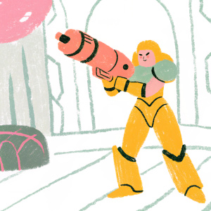 Samus Aran in a vibrant, illustrated scene. She's wielding her arm cannon. Her advanced, colorful exosuit stands out. Sketch-like style.