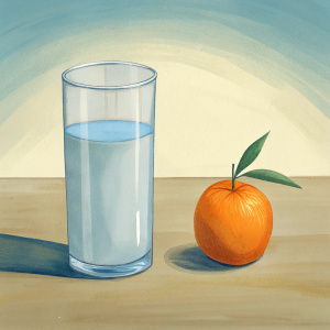 An orange next to a glass of water