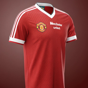 3D rendering of a Manchester United football jersey, red with white trim and classic club logo.