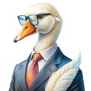 cygne blanc avec des lunettes ,un costume ,cravate,  chaussures,, de profil  , fond blanc