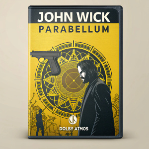 DVD cover for John Wick Chapter 3: Parabellum. Yellow background. Stylized graphic design with weapon silhouette and intricate patterns. Prominent title "John Wick Parabellum". Includes barcode, Dolby Atmos logo, and action/thriller genre labels.