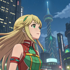 Digital artwork featuring Hikari from Xenoblade Chronicles 2. Anime-style illustration. Long blonde hair. She wears a vibrant outfit with green details. The background is a futuristic cityscape