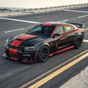 High-resolution 3D model of a custom 2021 Dodge Charger Hellcat Widebody. Sleek black and red paintjob. Sporty aesthetic. Rendered on a virtual road with detailed lane markings.