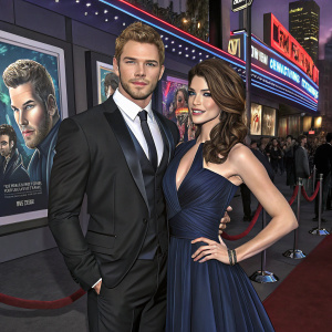 Kellan Lutz and Ashley Greene at the premiere of a blockbuster movie. They are dressed in formal attire. Kellan in a black suit and tie. Ashley in a stunning dark blue dress. Background features neon lights and movie posters.
