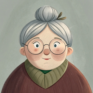 A old chubby lady with a witchy face very dark eyes and glasses and knitting needles in her hair bun she smiles