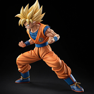A Goku action figure from Dragon Ball Z. Goku is depicted in a combat pose. Anime style. Set against a black backdrop.