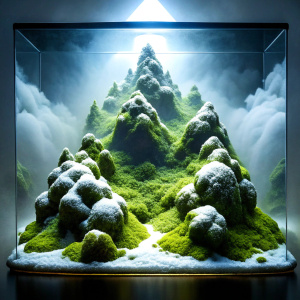 in the aquarium winter mountains with fog, with solar lighting, glass glowing neon lighting. moss on the ground,