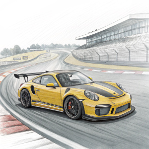 Detailed sketch of a sleek yellow Porsche 911 GT3 RS on a racetrack.