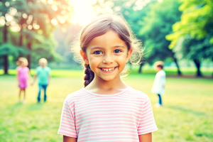 A child stands in the park and smiles