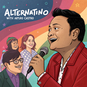 Artwork promoting 'Alternatino with Arturo Castro'. Featuring a colorful cast of characters with varied backgrounds and expressions. Illustration highlights the show's inclusive and unique comedy style.