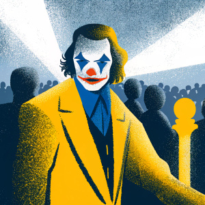 Joaquin Phoenix as the Joker, with a dark, painted face. Red around the mouth and nose, blue around the eyes. Posing at an awards ceremony.