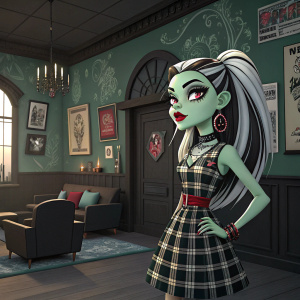 Frankie Stein, from Monster High, standing in a modern, gothic-themed room. She has striking makeup, pale green skin, and black and white hair. She wears a plaid dress and has earrings and bright lipstick.