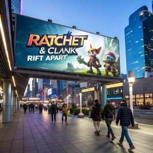 Billboard for Ratchet & Clank - Rift Apart. Vibrant graphics, blue sky, bustling cityscape with people walking past.