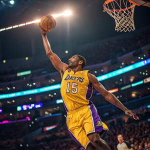 Ron Artest, now known as Metta World Peace, dressed in Lakers jersey number 15, in the middle of a game, vibrant stadium lights and crowd in the background.