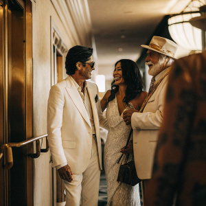 John Stamos, Loretta Phillips, and Mike Love at the GLAAD Media Awards. They are posing for a photo inside the Beverly Hilton Hotel.