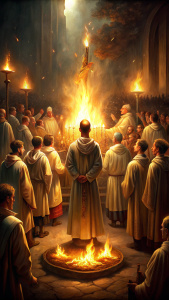 En la liturgia católica, se celebra la Vigilia Pascual durante la noche del sábado santo, donde se enciende el fuego nuevo y se bendicen el agua y el aceite.