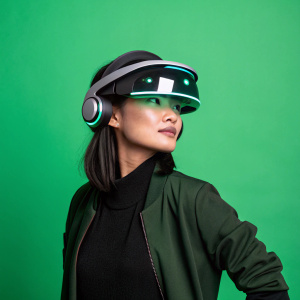 Studio shot of a young Asian woman in a futuristic VR headset. Against a green screen background.