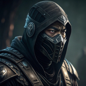 Close-up of a masked fighter from Mortal Kombat. Asian actor with intense expression. Dark, shadowy background. Elaborate, futuristic mask and gear.