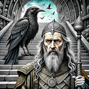 viking and raven in walhalla stairs runen symbols pattern - perfect realistic art, high-definition, high-definition grey and black, white background 