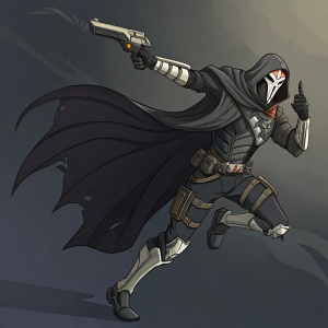 Digital art of Reaper from Overwatch. Depicted in mid-jump, cloak billowing, dark environment