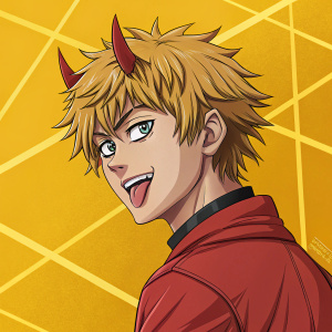Denji from Mob Psycho 100, goofy expression, messy hair, tongue sticking out, red outfit, horns visible, set against a vibrant yellow backdrop with grid lines