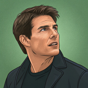 Digital illustration of Tom Cruise. Cartoonish, green background. Wearing dark jacket, focused on facial features.
