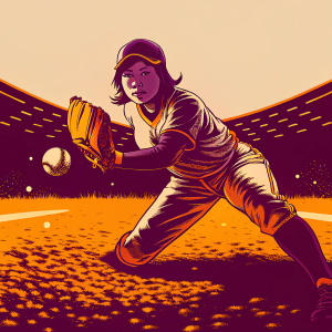 Miwa Tanaka, a Japanese baseball player, is shown in a dynamic stance attempting to catch a ball at an indoor sports complex. She is wearing a blue and white uniform with a yellow glove. The venue features a synthetic turf field with bright artificial lighting.