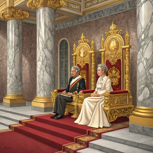 Formal portrait of Emperor Akihito and Empress Michiko. Sitting on golden thrones in ornate throne room with marble pillars.