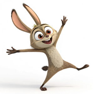 Cartoony character from a hit animated film. Leaping pose with arms and legs spread wide. Large, expressive eyes. White stage backdrop.