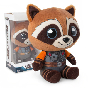 A Guardians of the Galaxy Rocket Raccoon plush toy. Cute and cuddly design, featuring large eyes and a friendly smile. Displayed alongside a clear windowed box, showcasing the character's distinctive features. Product image.