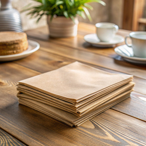 servilletas cuadradas con textura de papel  kraftcolor cafe sobre una mesa del comedor con luz natural