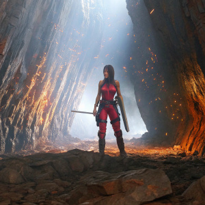 In the heart of a shadowy cavern, Valeria, a formidable warrior, stands with unwavering determination. Her lean yet muscular build is accentuated by her tactical gear - a blend of chainmail and reinforced leather, designed for combat in the harshest terrains. Clad in a red and black bodysuit with protective armor plates, she wields a dual-bladed sword with deadly precision. Amidst the flickering light of distant fires and the booming sound of distant explosions, Valeria's gaze is locked on her foes, her stance wide and balanced, ready to engage in a fierce battle. The dramatic backdrop of the rugged cave walls, with jagged rocks and deep shadows, enhances the intensity of the scene, making it a perfect fit for an action-packed video game.