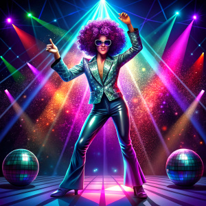 Funky dancer in a disco club with flashy lights and a disco ball