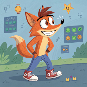 Crash Bandicoot's fox character, cheerful and vibrant, set against a digital background filled with game interface elements.