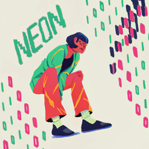 Character from popular anime, amidst digital glitch effect background, surrounded by neon text.