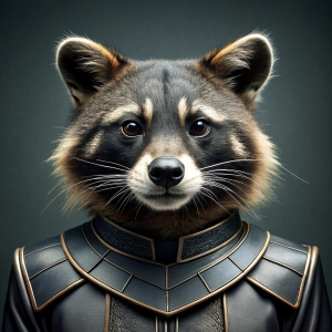 A raccoon wearing a Marvel black panther in black costume